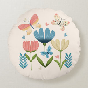 Florals in Blue and Orange hues Round Cushion