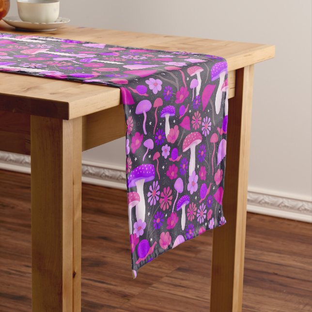 Florals & Mushrooms Vibrant Pink, Purple & Black Short Table Runner (In Situ)