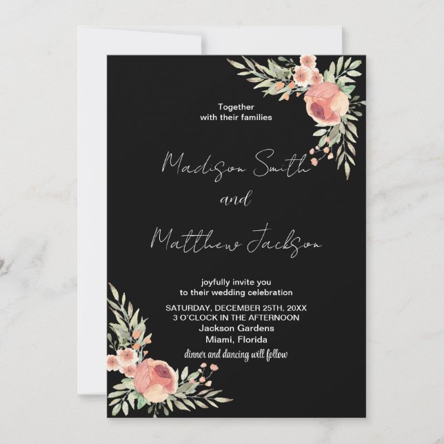 Florals on Black Theme Wedding Invitations (Front)