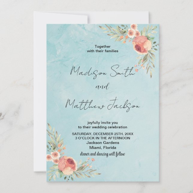 Florals on Green Theme Wedding Invitations (Front)