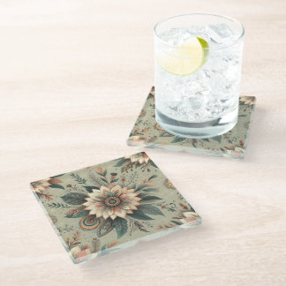 Florals on Sage Glass Coaster