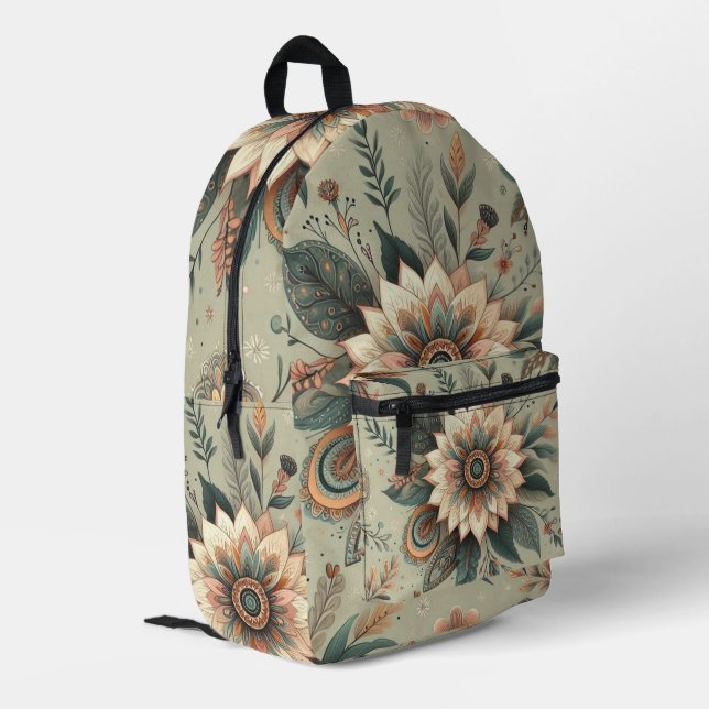Florals on Sage Printed Backpack (Back Corner Left)