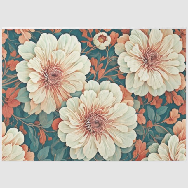 Florals Orange Teal Blush Decoupage Tissue Paper (Front)