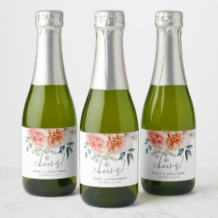 Florals Peonies Coral Peach Cheers Wedding Favour Sparkling Wine Label