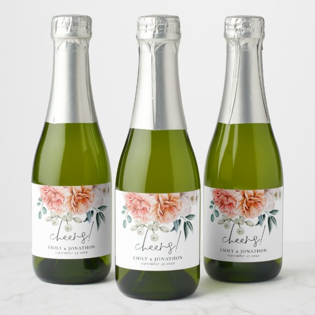 Florals Peonies Coral Peach Cheers Wedding Favour  Sparkling Wine Label (Bottles)