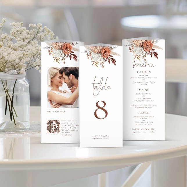 Florals Photo QR Trifold Wedding Menu Table No (Creator Uploaded)