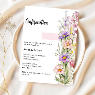 Florals pink cross girl Confirmation Invitation