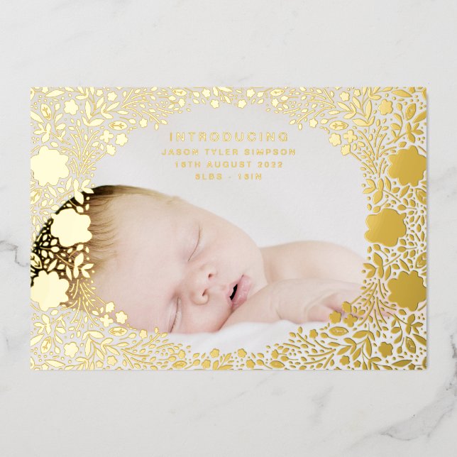 Florals Pressed Gold Foil Baby Birth Announcement (Front)