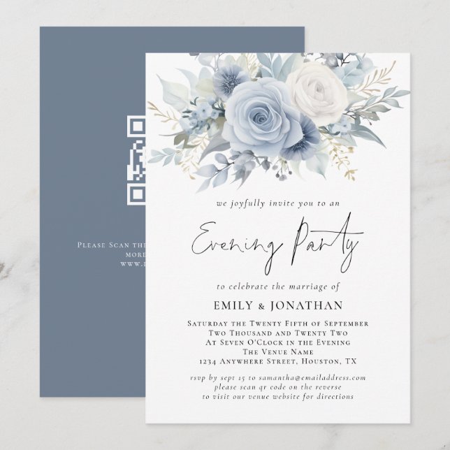 Florals QR Code Dusty Blue Wedding Evening Party Invitation (Front/Back)