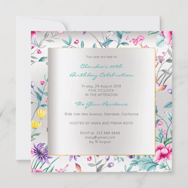 Florals Silver Butterfly Spring Chinoiserie Gray Invitation (Front)