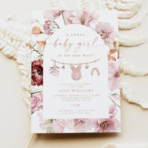 Florals Sweet Baby Girl Clothesline Baby Shower Invitation