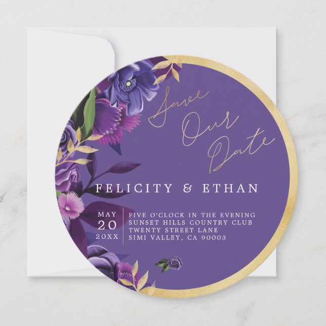 Florals Ultra Violet & Gold Wedding Save The Date (Front)