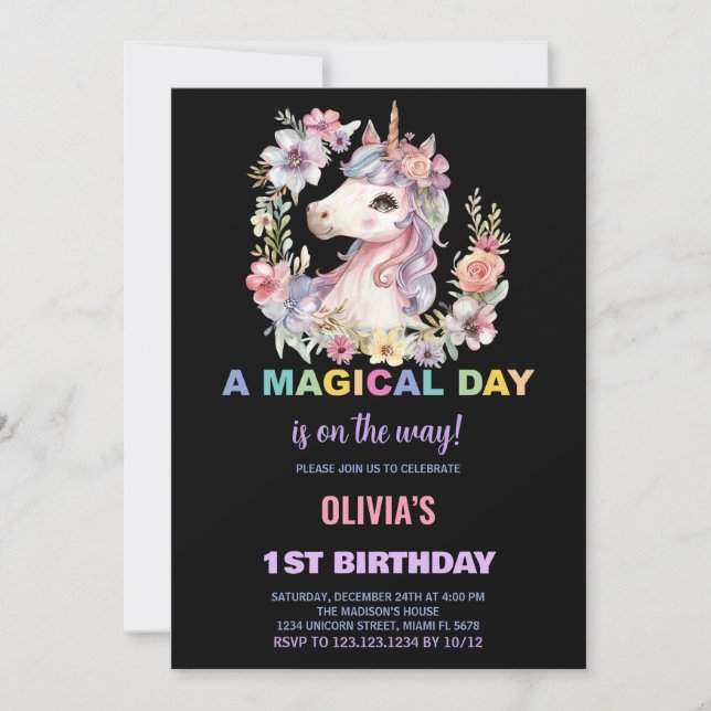 Florals Unicorn Birthday Invitations (Front)