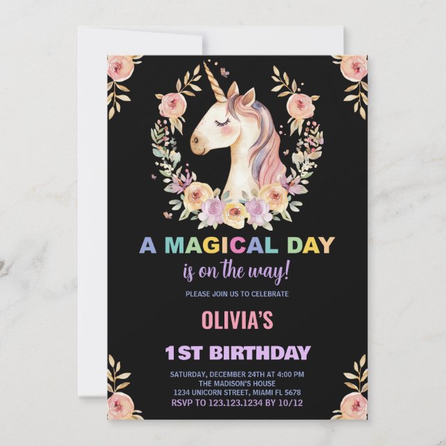 Florals Unicorn Birthday Invitations (Front)