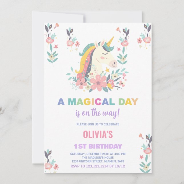 Florals Unicorn Birthday Invitations (Front)