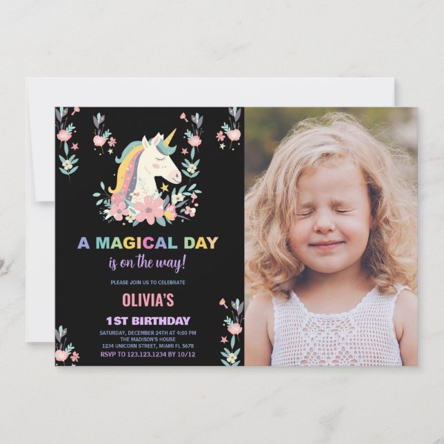 Florals Unicorn Birthday Invitations with photo (Front)