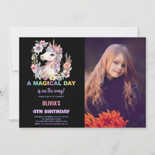 Florals Unicorn Birthday Invitations with photo