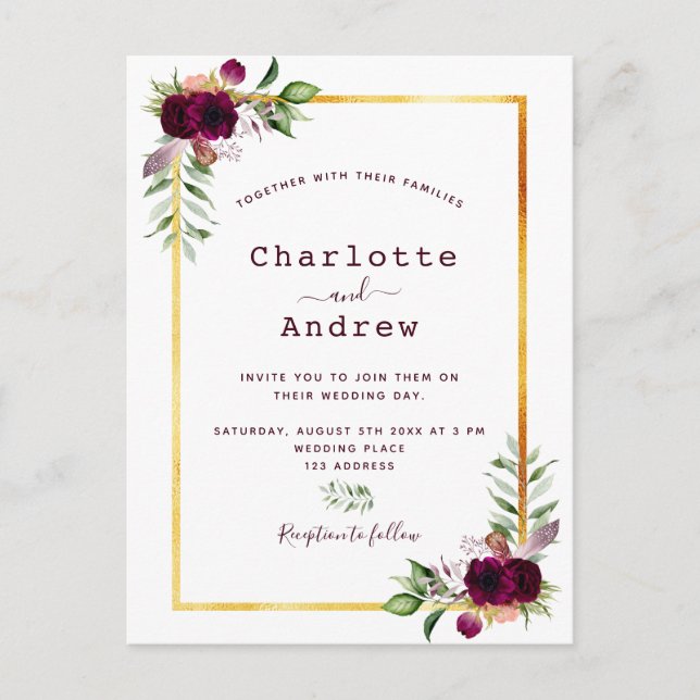 Florals white gold greenery burgundy boho wedding postcard (Front)