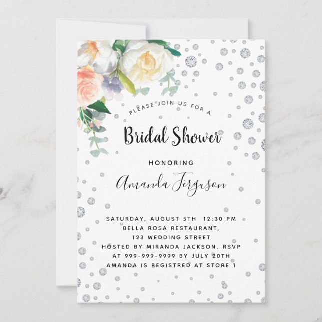 Florals white rose gold glamourous bridal shower invitation (Front)