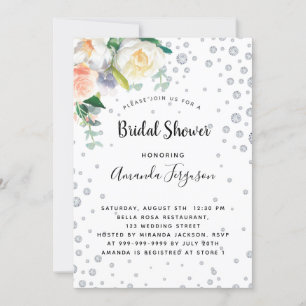 Florals white rose gold glamourous bridal shower invitation
