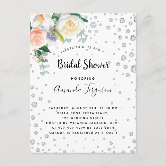 Florals white rose gold glamourous bridal shower postcard (Front)