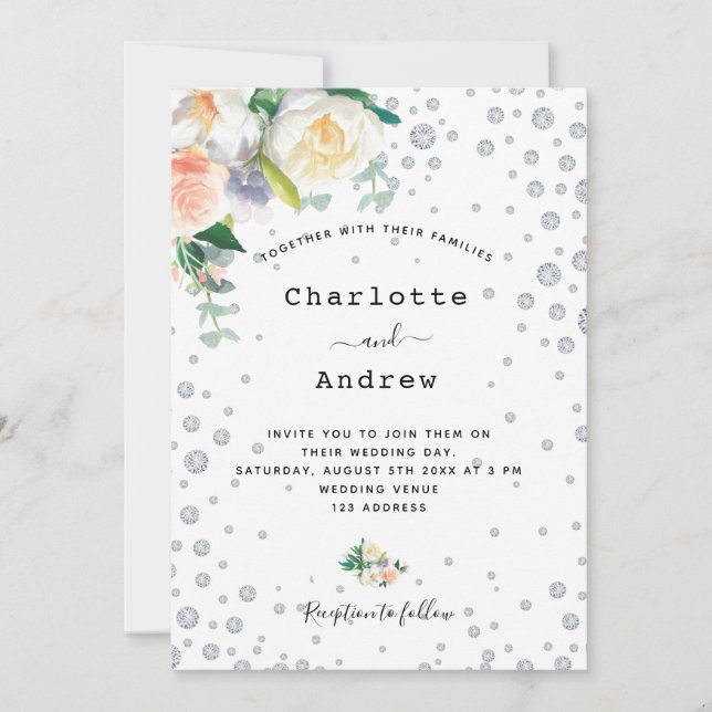 Florals white rose gold glamourous wedding invitation (Front)