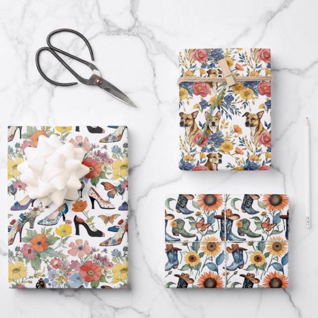 Florals With Heels Boots and Dogs Wrapping Paper Sheet (Front)