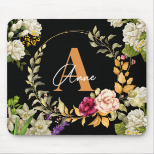 Florals Wreath Design in Black Background Custom Mouse Mat