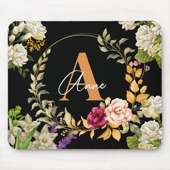 Florals Wreath Design in Black Background Custom Mouse Mat (Front)