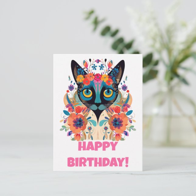 FloralSiamese Cat Postcard: Happy Birthday Edition Postcard (Standing Front)