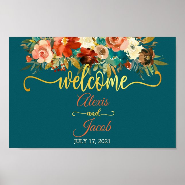 FloralWedding Welcome Sign - Teal & Orange Wedding (Front)
