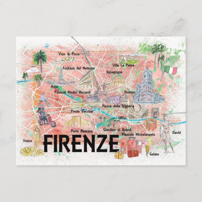 Florence Italy Illustrated Map  Postcard (Front)