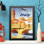 Florence Italy Ponte Vecchio Bridge Vintage Travel Poster<br><div class="desc">Vintage illustration European travel poster from Florence, Firenze, Italy featuring the clock tower of the Palazzo Vecchio (city hall) and an aeroplane flying in the sky. A man is rowing a boat under the Ponte Vecchio (aka "Old Bridge" in Italian). The beautiful architecture of the city buildings is in the...</div>