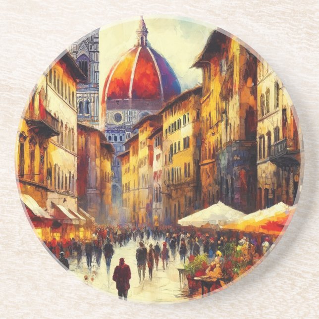 Florence, Italy Street with Duomo Painting Coaster (Front)