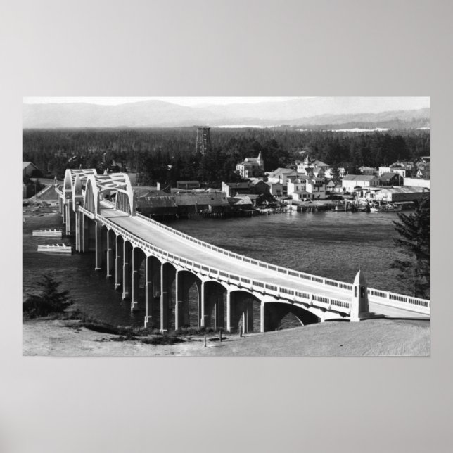 Florence, Oregon Town View and Siuslaw Bridge Poster (Front)