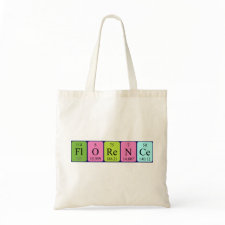 Bag featuring the name Florence spelled out in symbols of the chemical elements