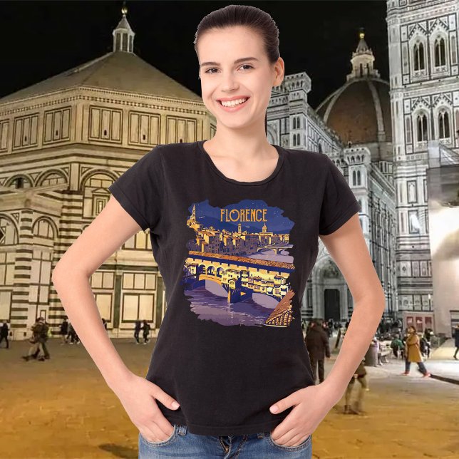 Florence Ponte Vecchio Night Travel T-Shirt (Florence, Black t-shirt for women)
