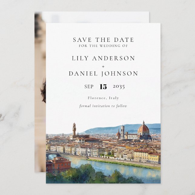 Florence Skyline Watercolor Photo Wedding Save The Date (Front/Back)