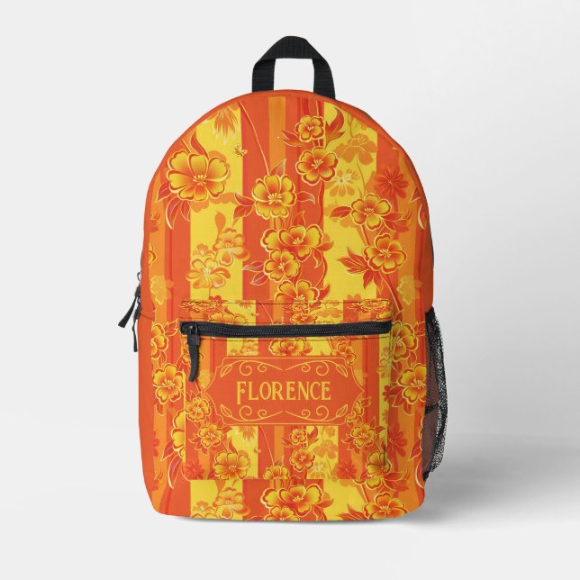 Florence Yellow and Orange Floral Printed Backpack (Front)