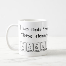 Mug featuring the name Florent spelled out in symbols of the chemical elements