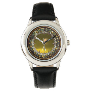FLORENTINE BROWN FLORAL CROWN YELLOW GEM MONOGRAM WATCH