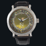 FLORENTINE BROWN FLORAL CROWN YELLOW GEM MONOGRAM WATCH<br><div class="desc">Elegant , classic fruits, vibrant Renaissance fine art , masterpiece from Bottega della Robbia ( Florence - Italy ) .Classy round /circle shape photo template  in yellow, black, purple, pink, fuchsia, violet colours with bright 3D  gem stones easily customisable with your photo. Artistic and cool design</div>