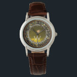 FLORENTINE BROWN FLORAL CROWN YELLOW GEM MONOGRAM WATCH<br><div class="desc">Elegant , classic fruits, vibrant Renaissance fine art , masterpiece from Bottega della Robbia ( Florence - Italy ) .Classy round /circle shape photo template  in yellow, black, purple, pink, fuchsia, violet colours with bright 3D  gem stones easily customisable with your photo. Artistic and cool design</div>