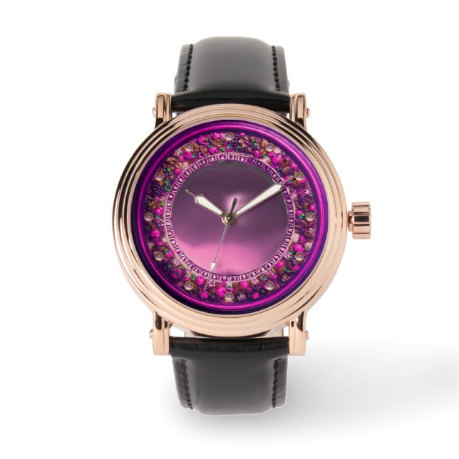 FLORENTINE FUCHSIA PURPLE FLORAL CROWN ,PINK GEM WATCH (Front)