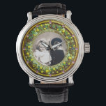 FLORENTINE GREEN FLORAL CROWN PHOTO TEMPLATE WATCH<br><div class="desc">Elegant , classic fruits, vibrant Renaissance fine art , masterpiece from Bottega della Robbia ( Florence - Italy ) .Classy round /circle shape photo template  in gold yellow green colours with bright 3D  pink gem stones easily customisable with your photo. Artistic and cool design</div>