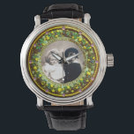 FLORENTINE GREEN FLORAL CROWN PHOTO TEMPLATE WATCH<br><div class="desc">Elegant , classic fruits, vibrant Renaissance fine art , masterpiece from Bottega della Robbia ( Florence - Italy ) .Classy round /circle shape photo template  in gold yellow green colours with bright 3D  pink gem stones easily customisable with your photo. Artistic and cool design</div>