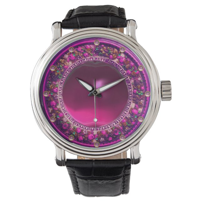 FLORENTINE PINK FLORAL CROWN ,FUCHSIA PURPLE GEM WATCH (Front)