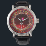 FLORENTINE RED GREEN FLORAL CROWN RUBY MONOGRAM WATCH<br><div class="desc">Elegant , classic fruits, vibrant Renaissance fine art , masterpiece from Bottega della Robbia ( Florence - Italy ) .Classy round /circle shape photo template  in yellow, black, purple, pink, fuchsia, violet colours with bright 3D  gem stones easily customisable with your photo. Artistic and cool design</div>