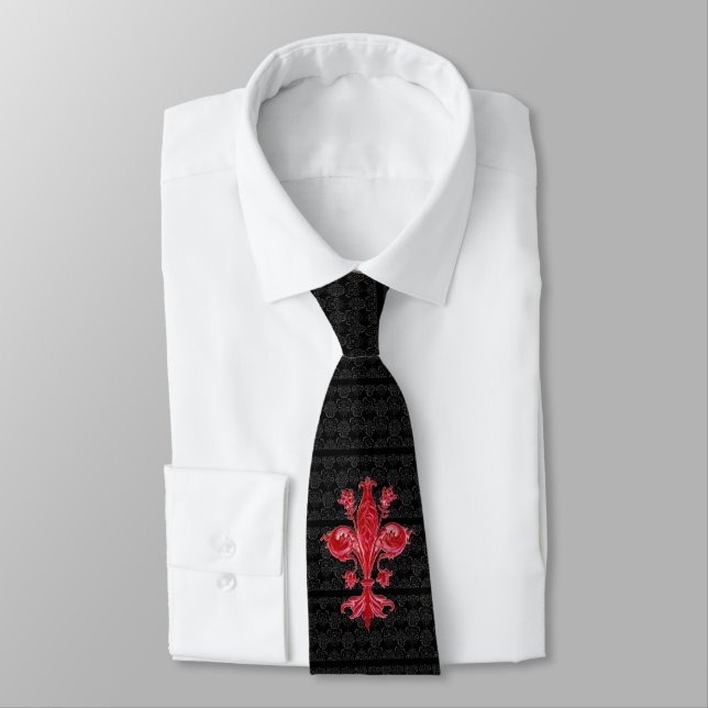FLORENTINE RED LILY,FLEUR DE LIS, BLACK DAMASK TIE (Tied)
