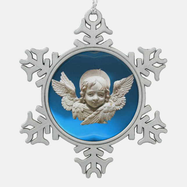FLORENTINE RENAISSANCE ANGEL, Blue Sapphire Snowflake Pewter Christmas Ornament (Front)